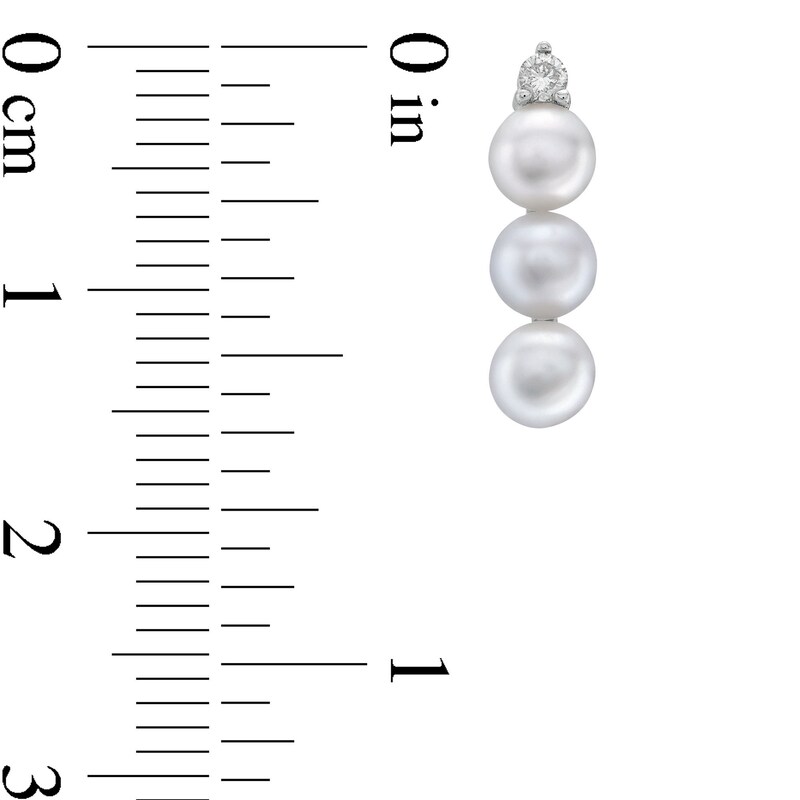 Main Image 3 of 4.0mm Button Freshwater Cultured Pearl and 1/15 CT. T.W. Diamond Linear Three Stone Drop Earrings in Sterling Silver