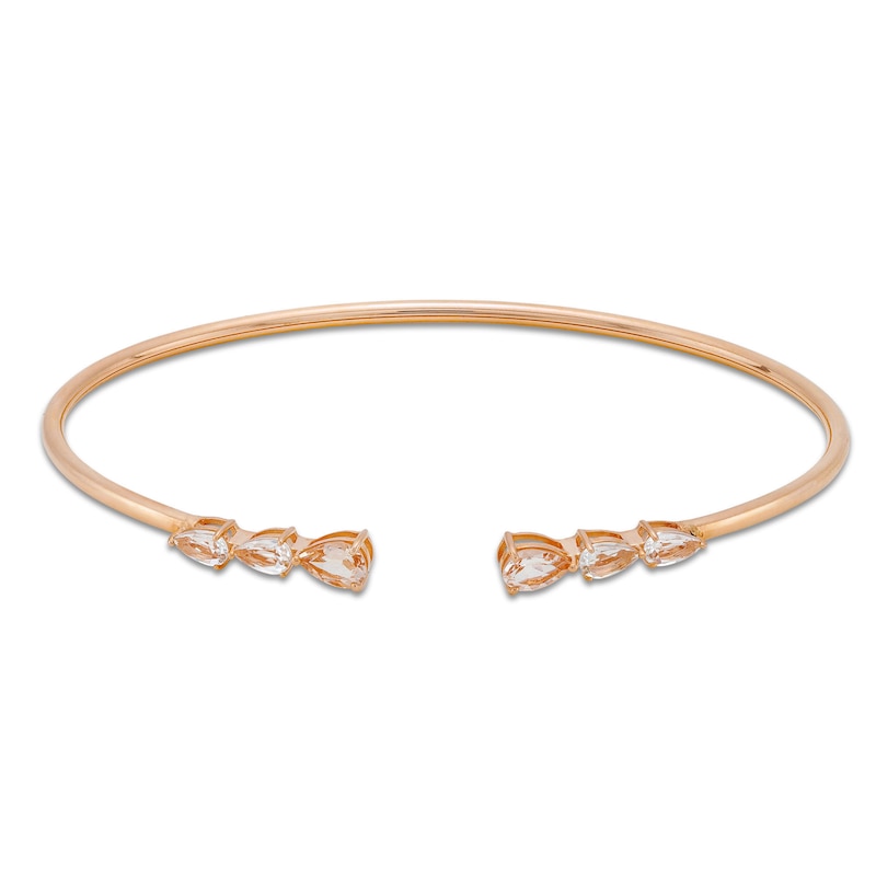Main Image 1 of Pear-Shaped Morganite Three Stone Open Bangle in 10K Rose Gold - 7.25"