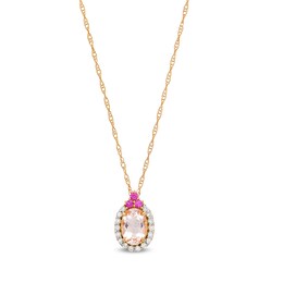 Oval Morganite, Rhodolite Garnet and 1/10 CT. T.W. Diamond Frame Tri-Top Pendant in 10K Rose Gold