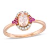 Thumbnail Image 1 of Oval Morganite, Rhodolite Garnet and 1/15 CT. T.W. Diamond Frame Ring in 10K Rose Gold