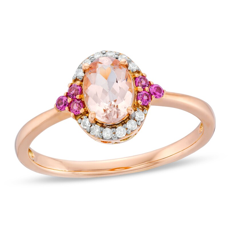Main Image 1 of Oval Morganite, Rhodolite Garnet and 1/15 CT. T.W. Diamond Frame Ring in 10K Rose Gold