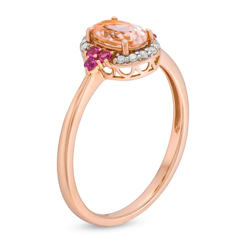 Main Image 3 of Oval Morganite, Rhodolite Garnet and 1/15 CT. T.W. Diamond Frame Ring in 10K Rose Gold