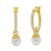 Thumbnail Image 0 of Cultured Freshwater Pearl and White Lab-Created Sapphire Dangle Hoop Earrings in Sterling Silver with 10K Gold Plate