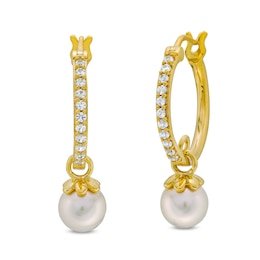 Cultured Freshwater Pearl and White Lab-Created Sapphire Dangle Hoop Earrings in Sterling Silver with 10K Gold Plate