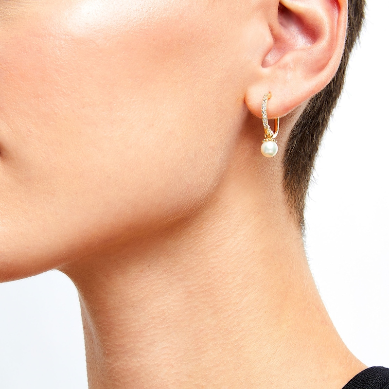 Cultured Freshwater Pearl and White Lab-Created Sapphire Dangle Hoop Earrings in Sterling Silver with 10K Gold Plate