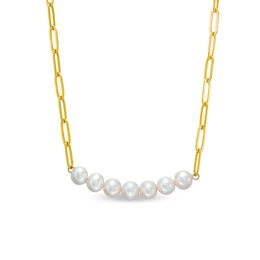 Cultured Freshwater Pearl Seven Stone Paper Clip Chain Necklace in Sterling Silver with 18K Gold Plate