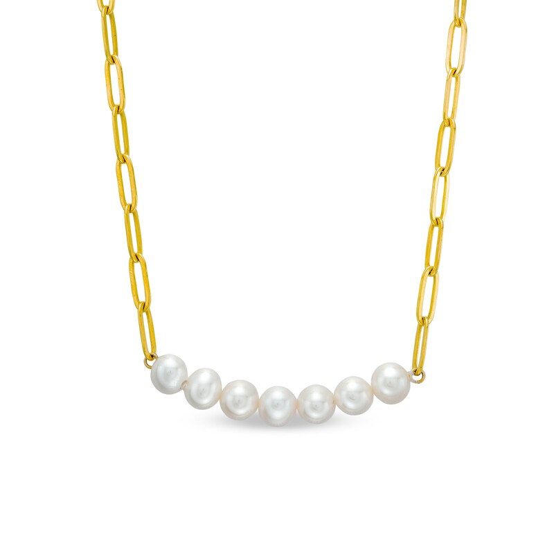 Cultured Freshwater Pearl Seven Stone Paper Clip Chain Necklace in Sterling Silver with 18K Gold Plate