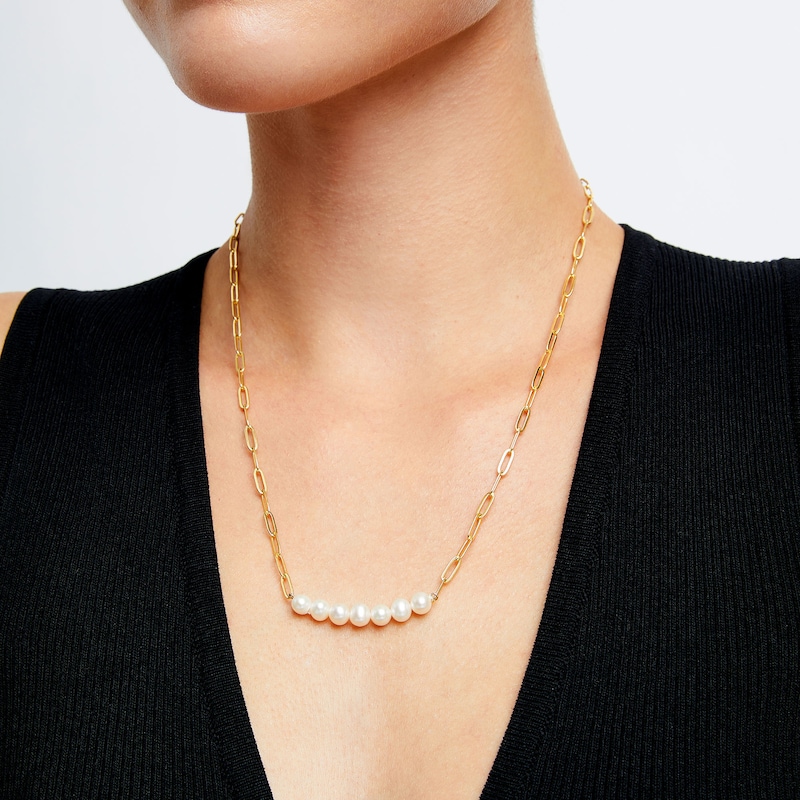 Main Image 2 of Freshwater Cultured Pearl Seven Stone Paper Clip Chain Necklace in Sterling Silver with 18K Gold Plate
