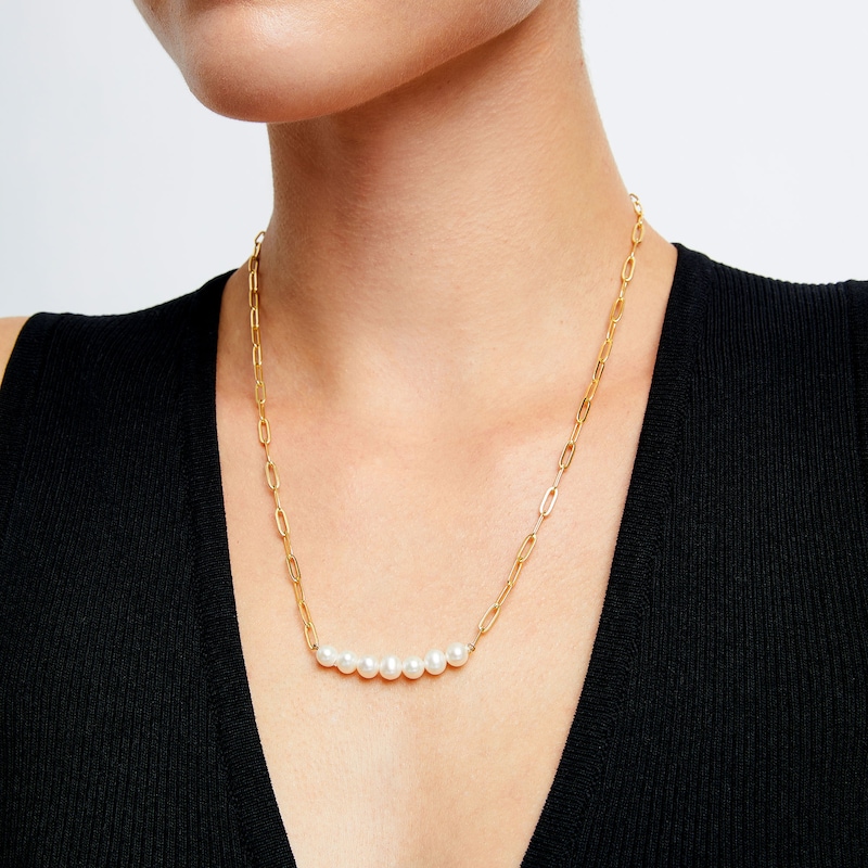 Cultured Freshwater Pearl Seven Stone Paper Clip Chain Necklace in Sterling Silver with 18K Gold Plate