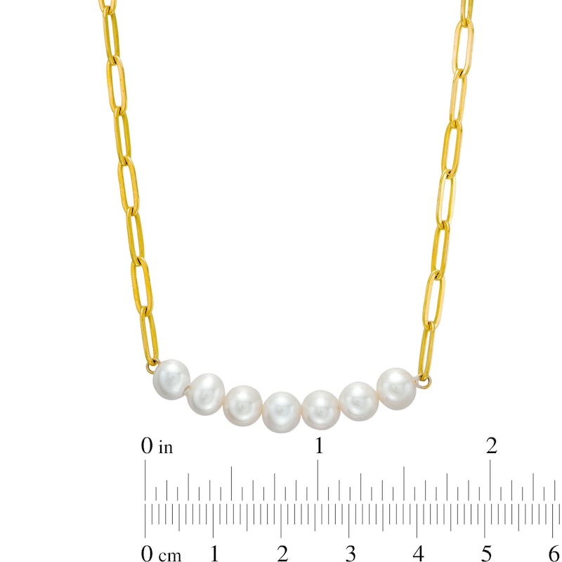 Cultured Freshwater Pearl Seven Stone Paper Clip Chain Necklace in Sterling Silver with 18K Gold Plate