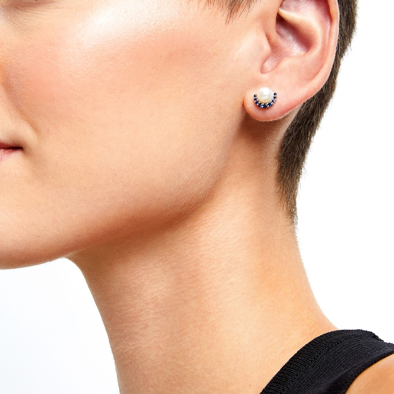 Main Image 2 of 6.0mm Button Freshwater Cultured Pearl and Blue Sapphire Half Frame Stud Earrings in 10K White Gold