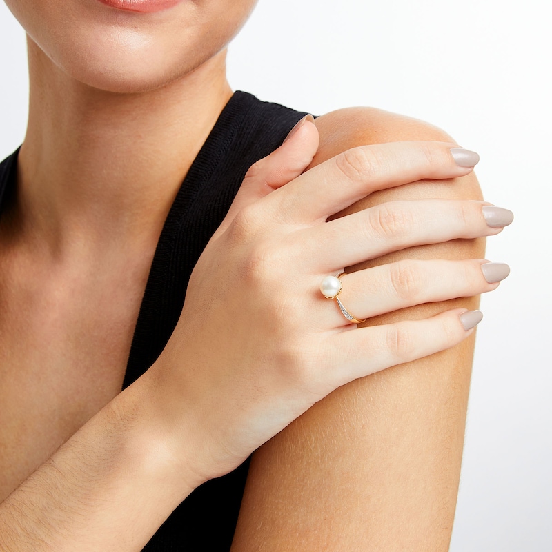Main Image 2 of 7.5-8.0mm Freshwater Cultured Pearl and 1/20 CT. T.W. Diamond Ring in 10K Gold