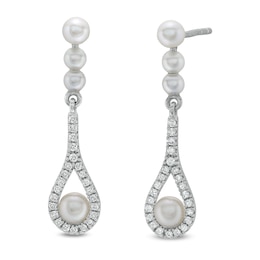 Cultured Freshwater Pearl and 1/6 CT. T.W. Diamond Three Stone Teardrop Earrings in 10K White Gold