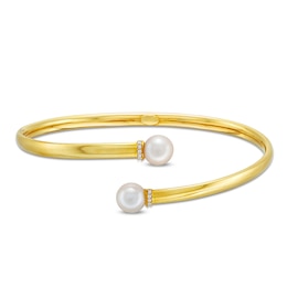 Button Cultured Freshwater Pearl and White Lab-Created Sapphire Open Bypass Bangle in 10K Gold