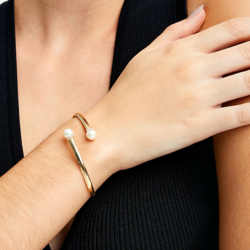 Main Image 2 of Button Freshwater Cultured Pearl and White Lab-Created Sapphire Open Bypass Bangle in 10K Gold