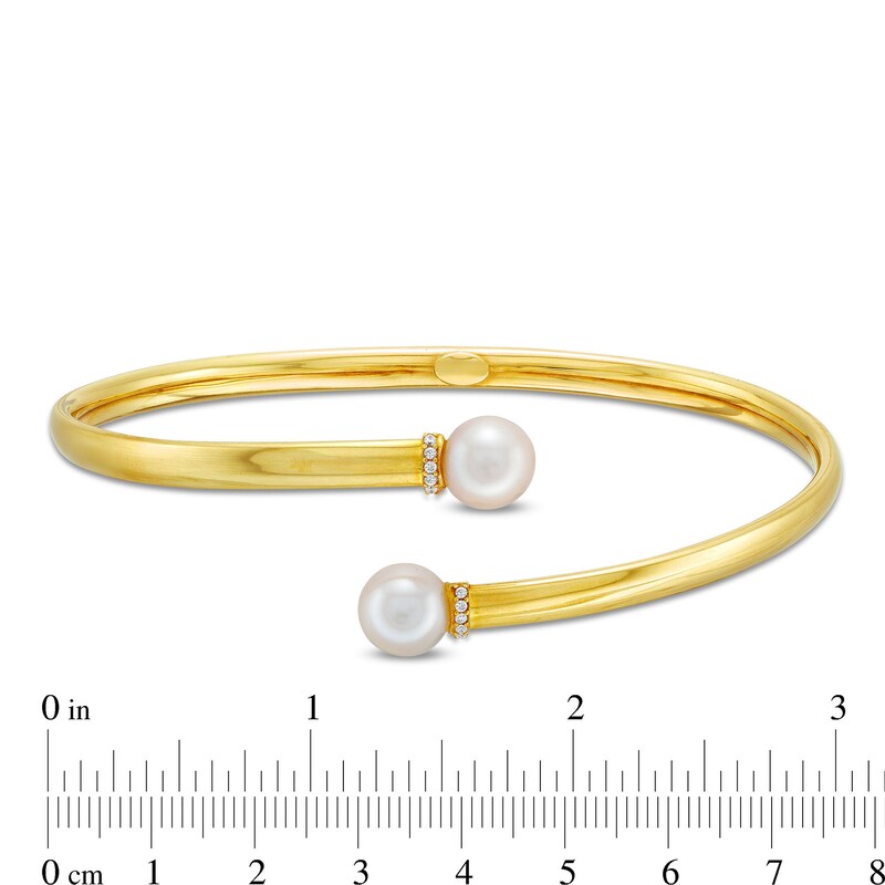 Main Image 3 of Button Freshwater Cultured Pearl and White Lab-Created Sapphire Open Bypass Bangle in 10K Gold