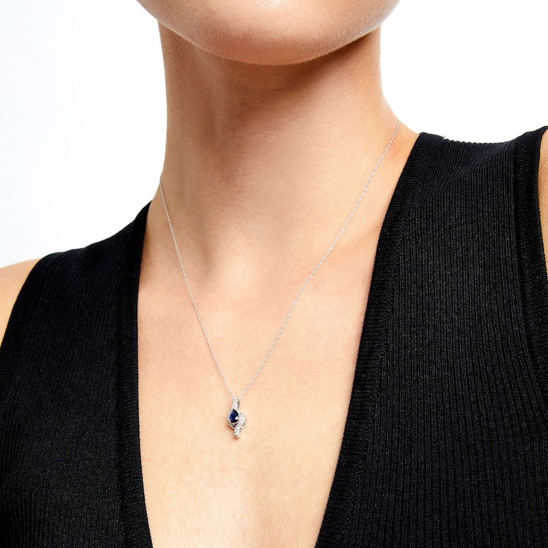 Main Image 2 of Pear-Shaped Blue Sapphire and 1/10 CT. T.W. Diamond Flame Pendant in 10K White Gold
