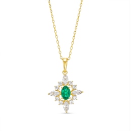 Oval Lab-Created Emerald and White Lab-Created Sapphire Burst Frame Pendant in Sterling Silver with 18K Gold Plate