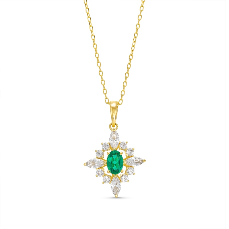 Main Image 1 of Oval Lab-Created Emerald and White Lab-Created Sapphire Burst Frame Pendant in Sterling Silver with 18K Gold Plate