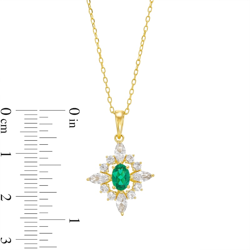 Main Image 4 of Oval Lab-Created Emerald and White Lab-Created Sapphire Burst Frame Pendant in Sterling Silver with 18K Gold Plate