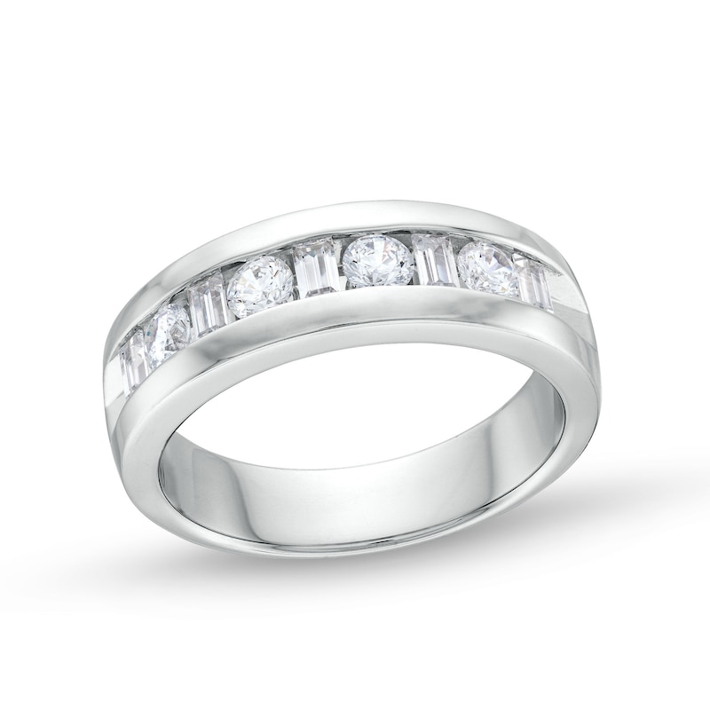 Main Image 1 of Men's Alternating 1 CT. T.W. Baguette-Cut Certified Lab-Grown Diamond Band in 14K White Gold (F/VS2)