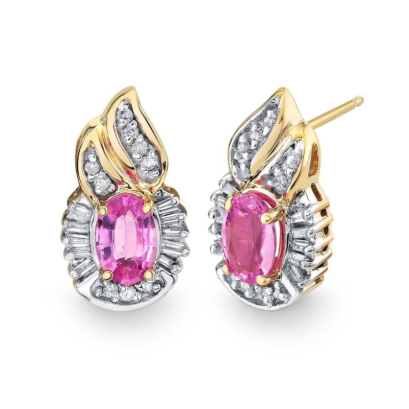 Main Image 1 of Oval Pink Sapphire and 1/3 CT. T.W. Diamond Flame Drop Earrings in 14K Gold