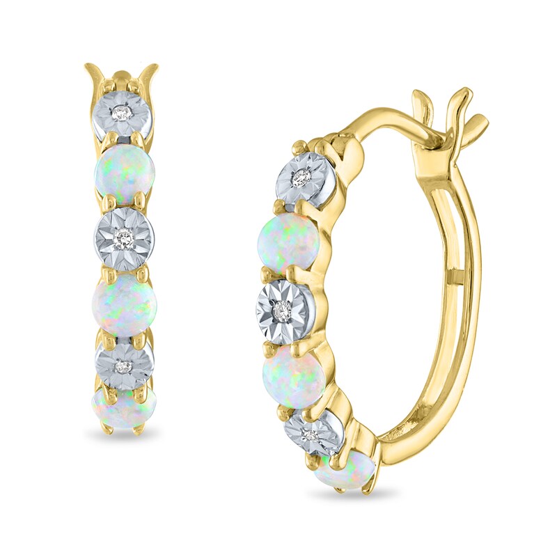 Main Image 1 of Alternating Opal and Diamond Accent Huggie Hoop Earrings in 10K Gold