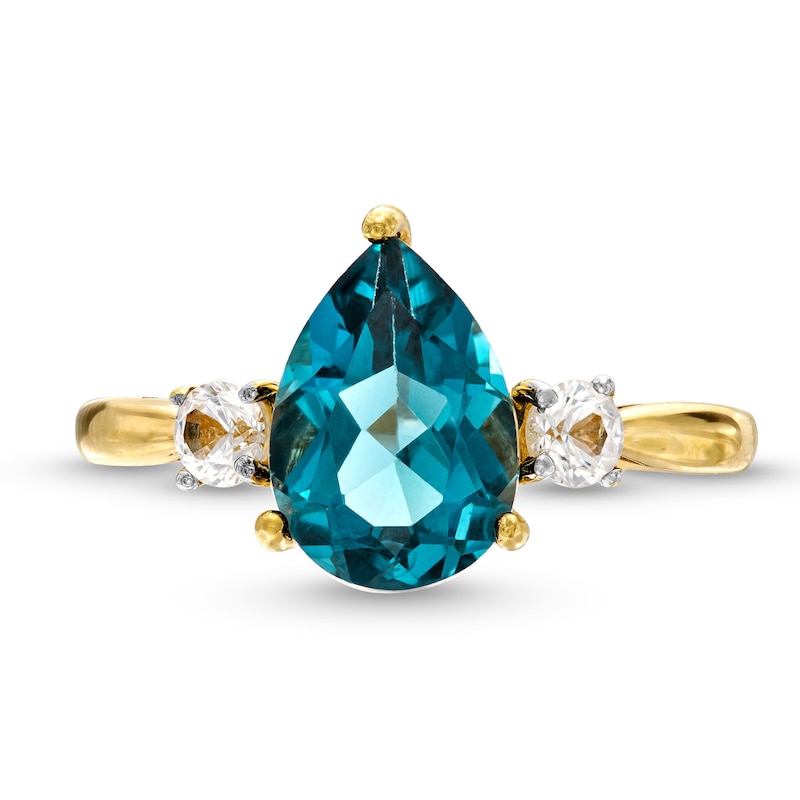 Pear-Shaped London Blue Topaz and White Lab-Created Sapphire Ring in 10K Gold