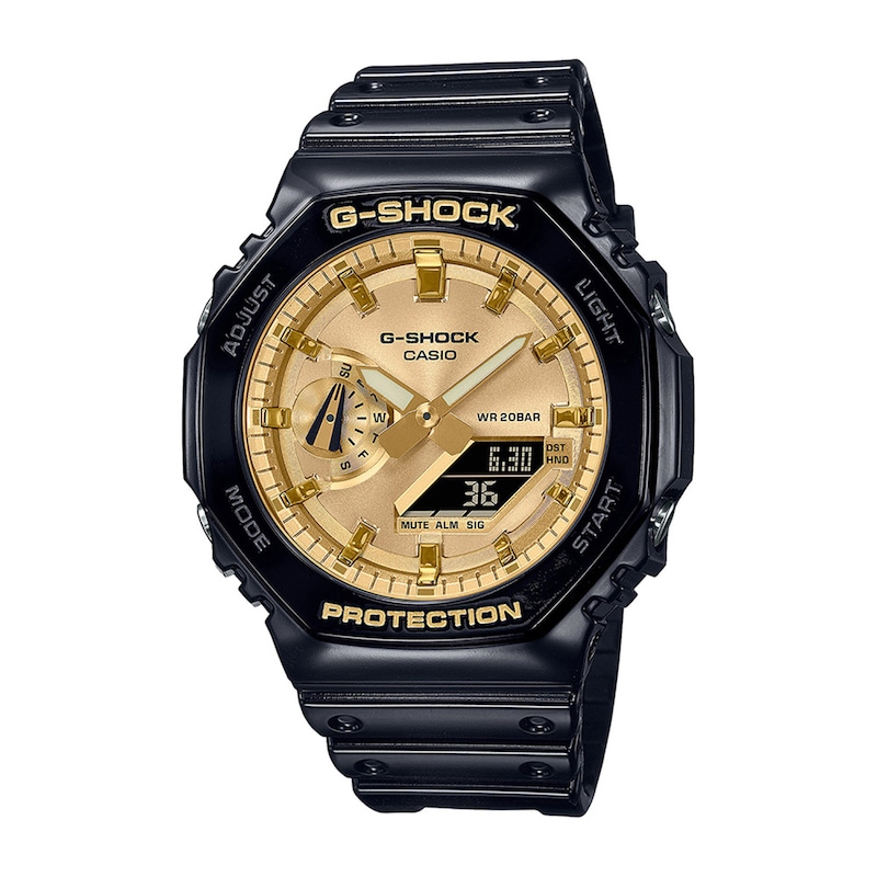Main Image 1 of Men's Casio G-Shock Classic Analog-Digital Black Resin Strap Watch with Gold-Tone Dial (Model: GA2100GB-1A)