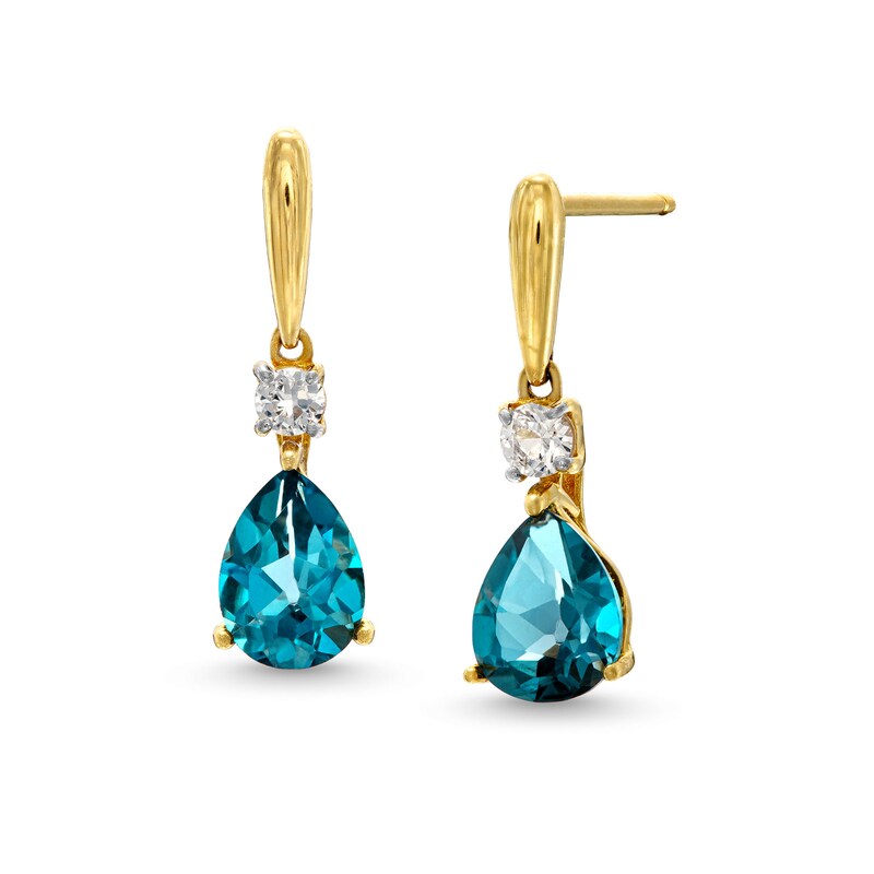 Main Image 1 of Pear-Shaped London Blue Topaz and White Lab-Created Sapphire Drop Earrings in 10K Gold