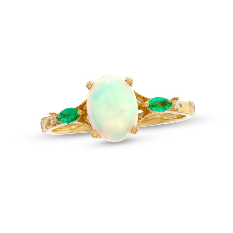 Main Image 1 of Oval-Shaped Opal, Emerald and Diamond Accent Ring in 10K Gold