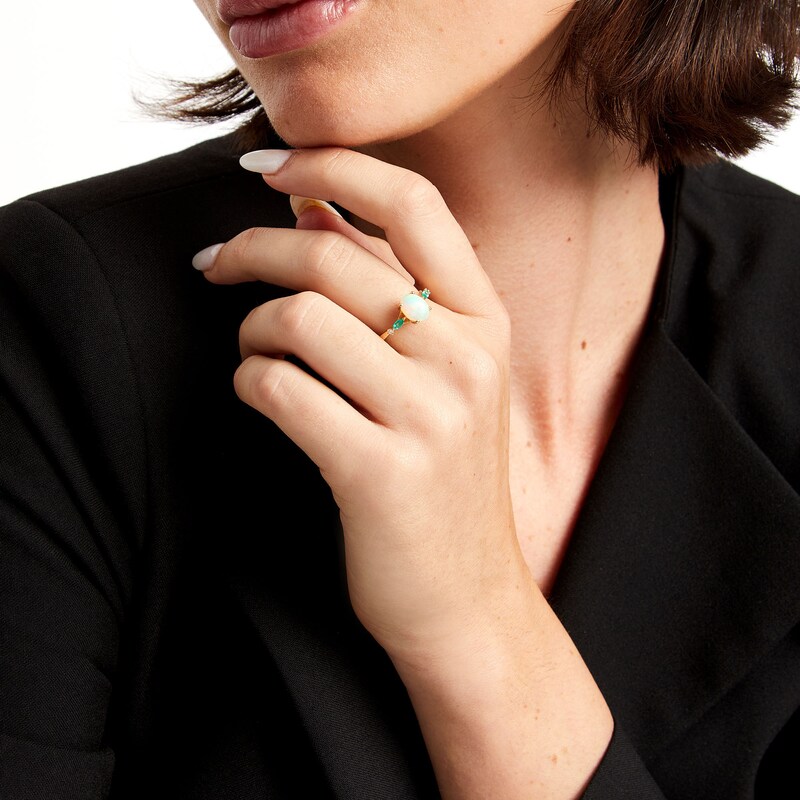 Main Image 2 of Oval-Shaped Opal, Emerald and Diamond Accent Ring in 10K Gold