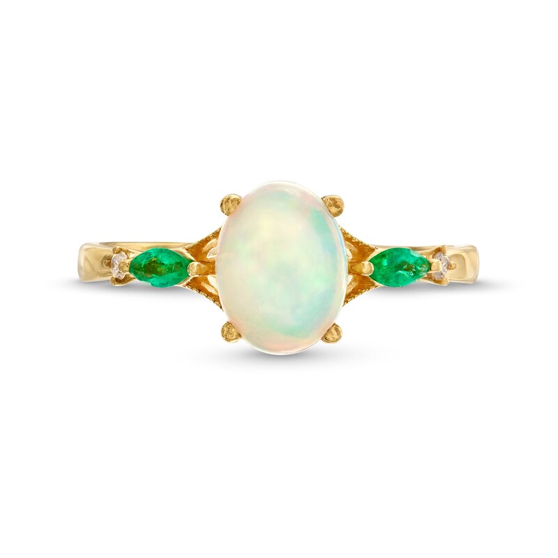 Main Image 4 of Oval-Shaped Opal, Emerald and Diamond Accent Ring in 10K Gold