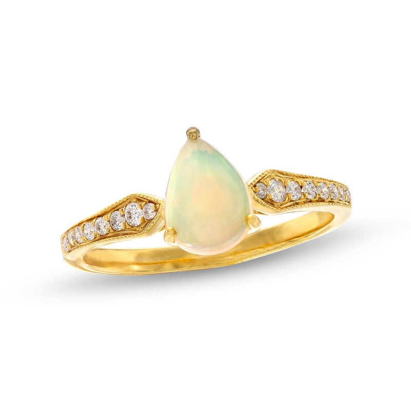 Main Image 1 of Pear-Shaped Opal and 1/8 CT. T.W. Diamond Ring in 10K Gold