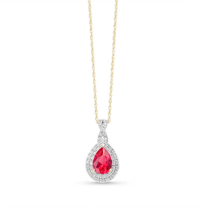 Main Image 1 of Pear-Shaped Lab-Created Ruby and 1/10 CT. T.W. Diamond Framed Pendant in 10K Gold