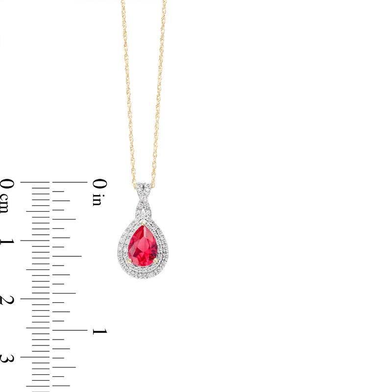 Main Image 3 of Pear-Shaped Lab-Created Ruby and 1/10 CT. T.W. Diamond Framed Pendant in 10K Gold