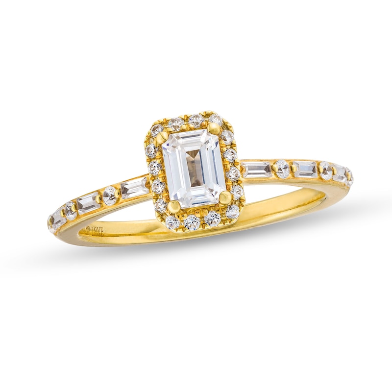 Main Image 1 of Vera Wang Love Collection 3/4 CT. T.W. Emerald-Cut Diamond Frame Art Deco Engagement Ring in 14K Gold (I/SI2)