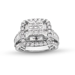 2 CT. T.W. Princess-Cut Multi-Diamond Cushion-Shaped Frame Triple Row Engagement Ring in 14K White Gold