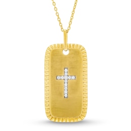 Men's 1/10 CT. T.W. Diamond Cross Textured Edge Dog Tag Pendant in 14K Gold