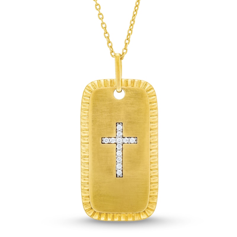 Main Image 1 of Men's 1/10 CT. T.W. Diamond Cross Textured Edge Dog Tag Pendant in 14K Gold