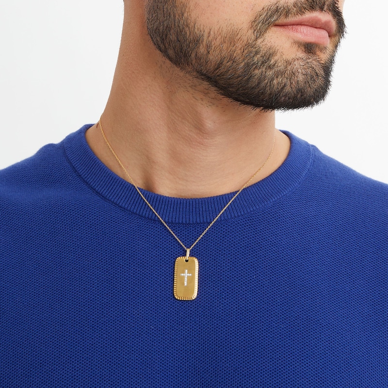 Main Image 2 of Men's 1/10 CT. T.W. Diamond Cross Textured Edge Dog Tag Pendant in 14K Gold