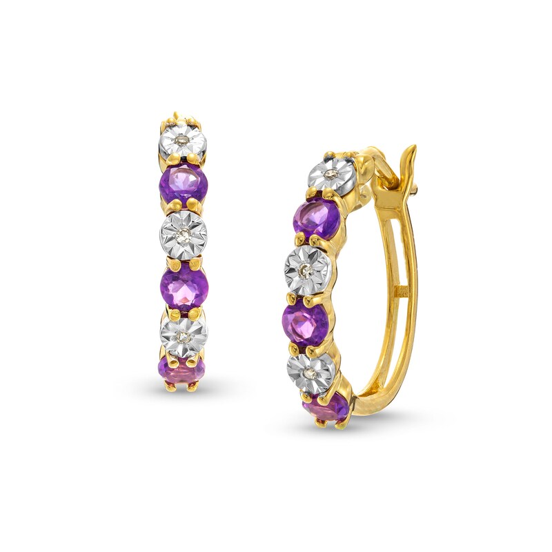Main Image 1 of Amethyst and Diamond Accent Alternating Six Stone Huggie Hoop Earrings in 10K Gold