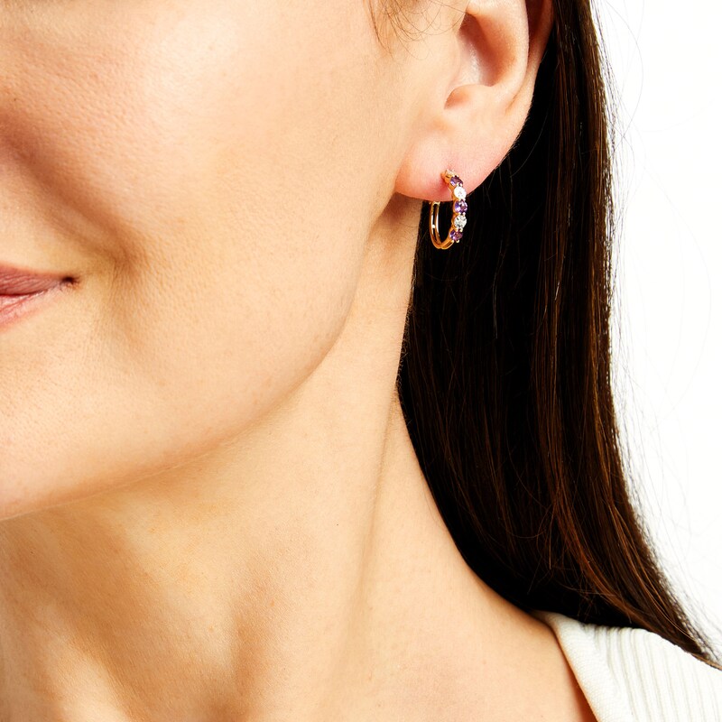Main Image 2 of Amethyst and Diamond Accent Alternating Six Stone Huggie Hoop Earrings in 10K Gold