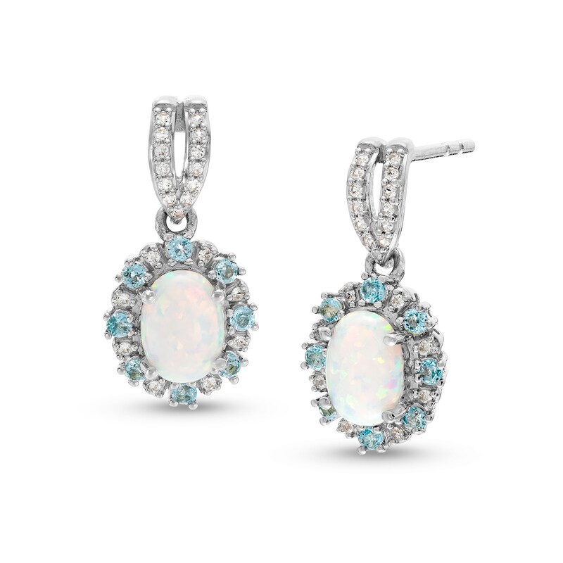 Main Image 1 of Lab-Created Opal, White Lab-Created Sapphire and Swiss Blue Topaz Frame Drop Earrings in Sterling Silver