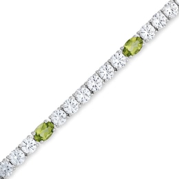Oval Peridot and White Lab-Created Sapphire Alternating Line Bracelet in Sterling Silver - 7.5&quot;