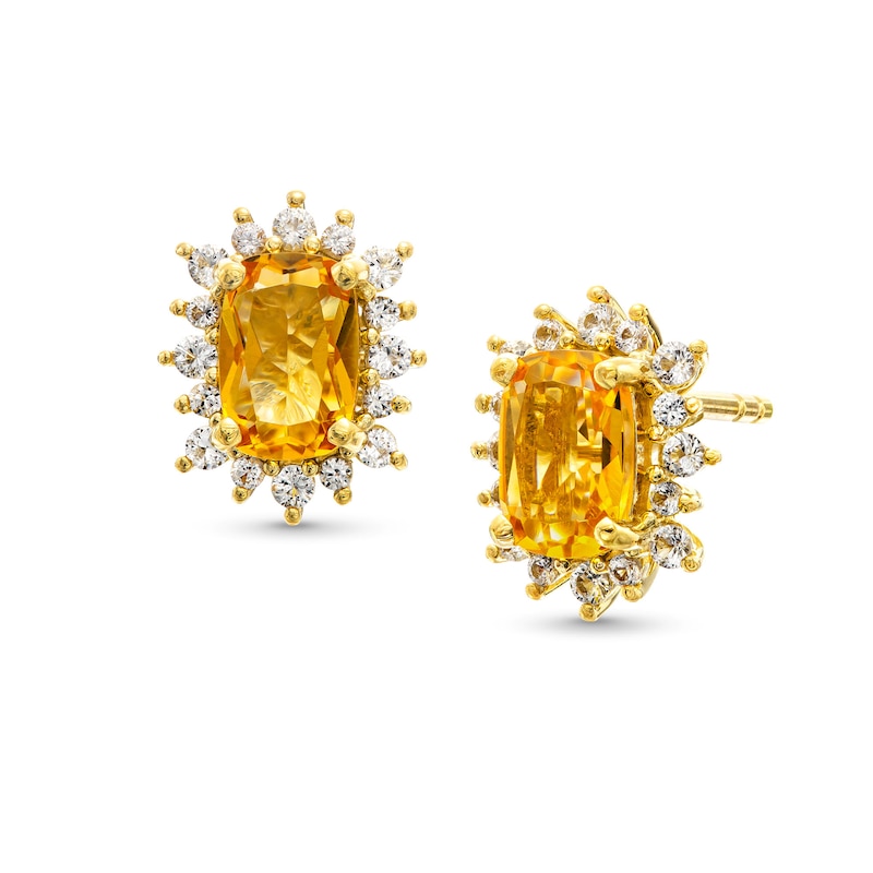 Cushion-Cut Citrine and White Lab-Created Sapphire Sunburst Frame Stud Earrings in Sterling Silver with 14K Gold Plate