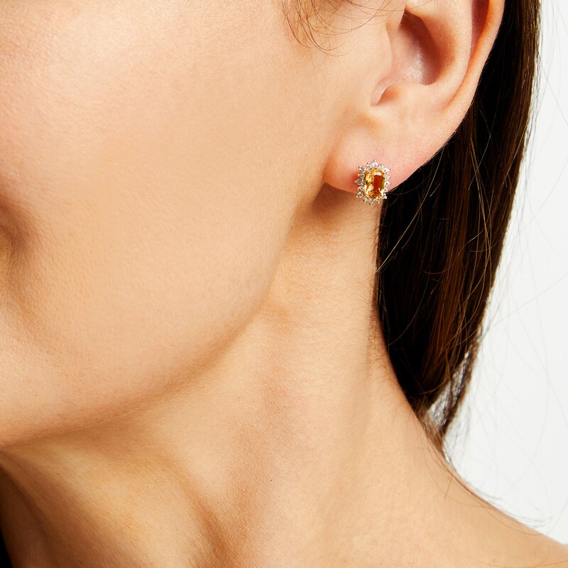 Cushion-Cut Citrine and White Lab-Created Sapphire Sunburst Frame Stud Earrings in Sterling Silver with 14K Gold Plate