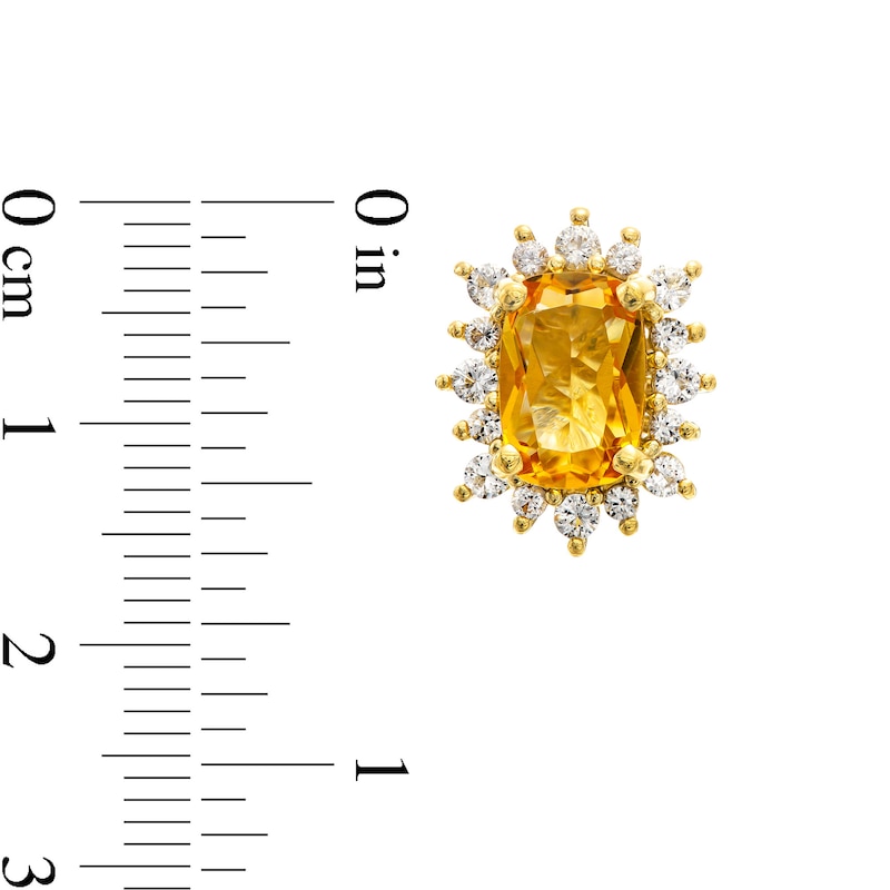 Cushion-Cut Citrine and White Lab-Created Sapphire Sunburst Frame Stud Earrings in Sterling Silver with 14K Gold Plate