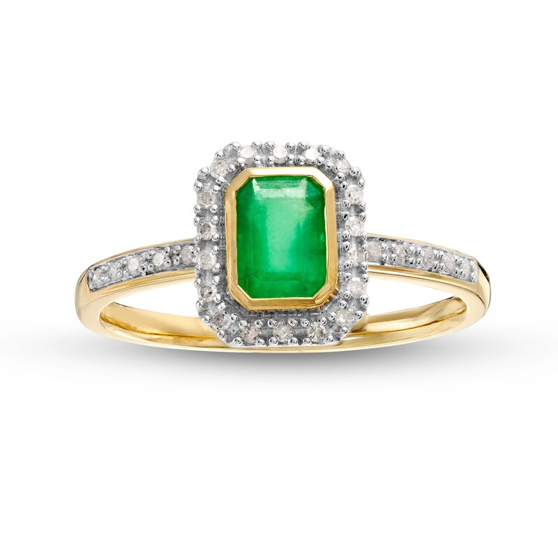 Main Image 1 of Emerald-Cut Emerald and 1/10 CT. T.W. Diamond Frame Ring in 10K Gold
