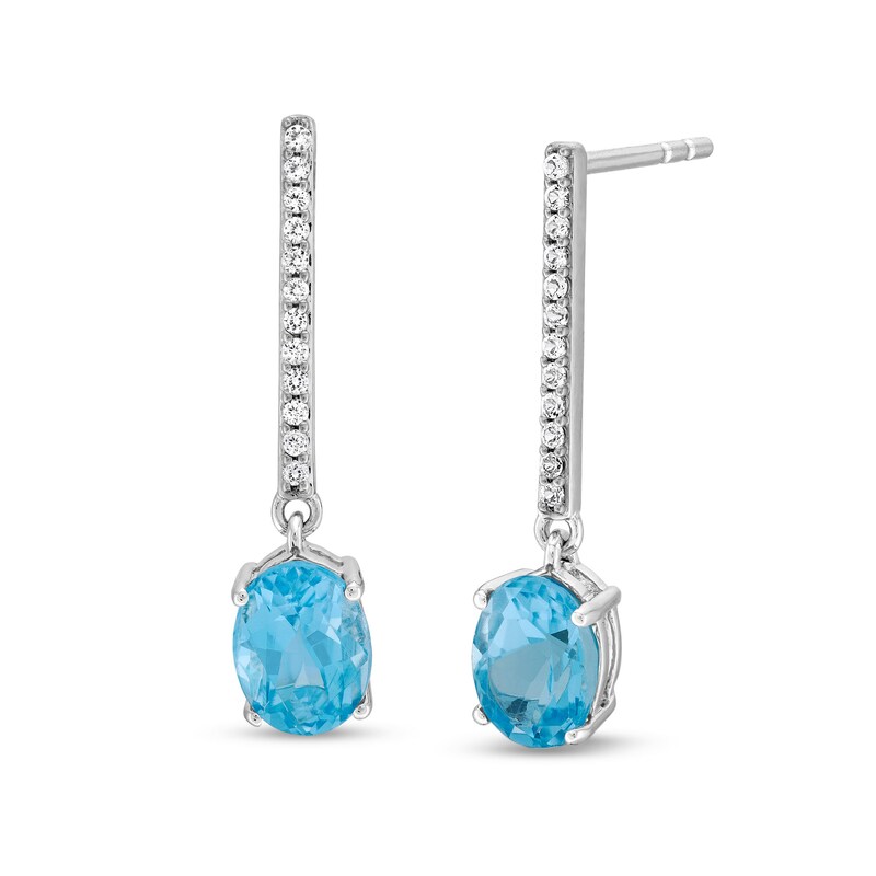 Main Image 1 of Oval Swiss Blue Topaz and White Topaz Linear Drop Earrings in 10K White Gold